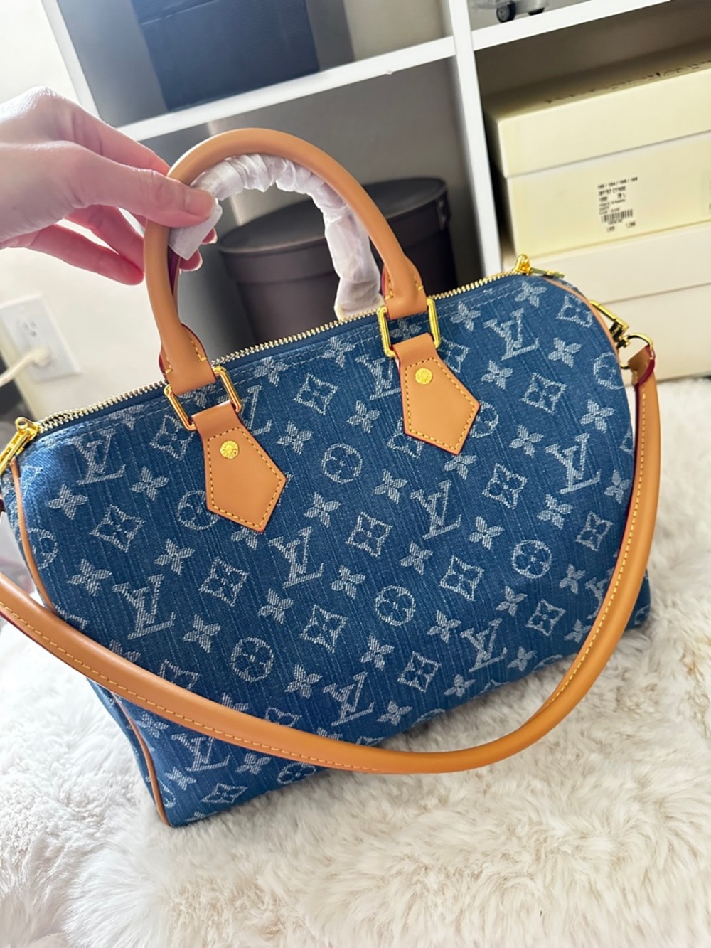 Blue Monogram Soft Denim Satchel with Tan Leather Trim 30cm Speedy, Travel Bag